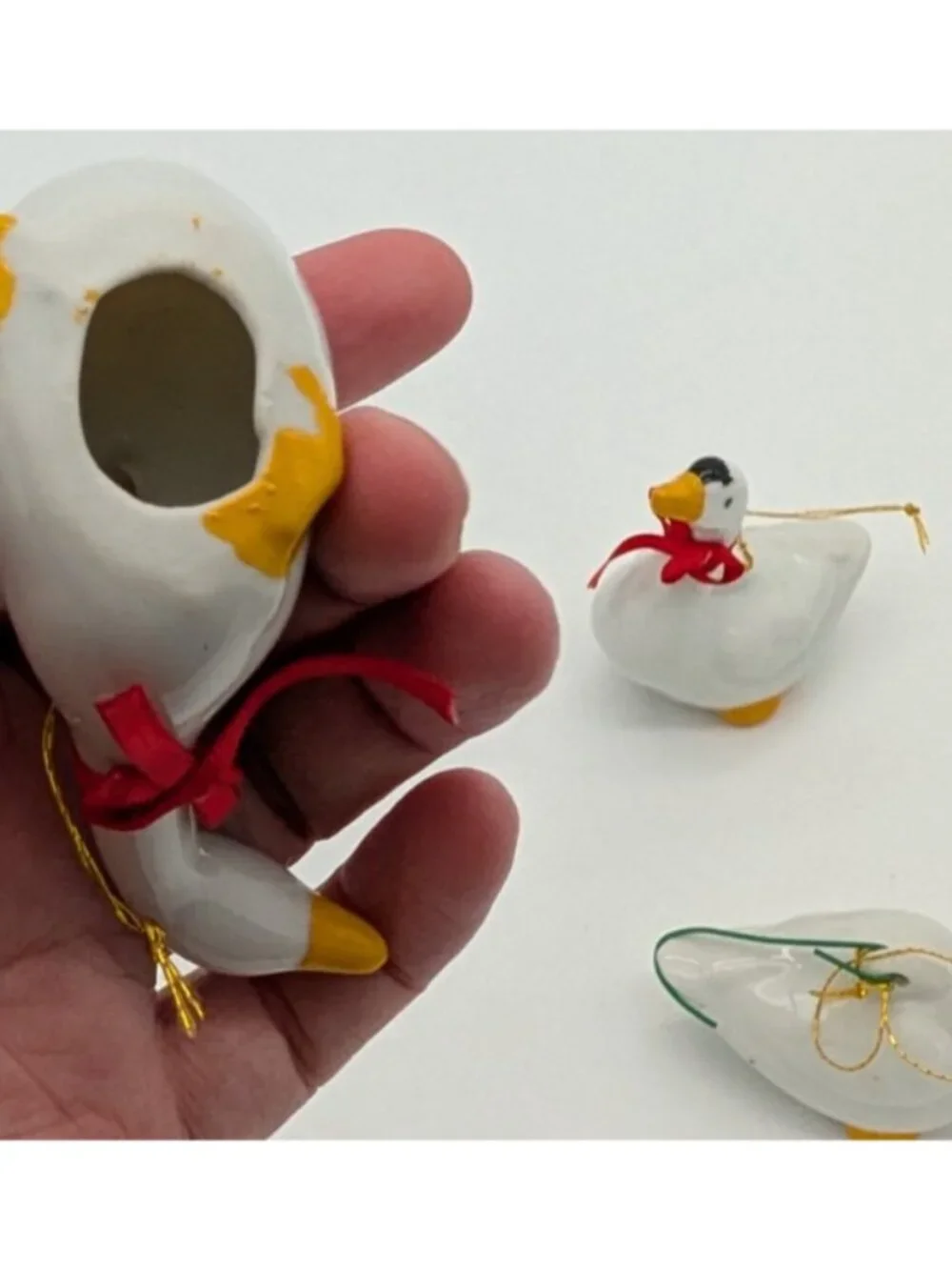 lot of 3 WHITE CERAMIC DUCK GOOSE geese w/RED BOW 2.5” ORNAMENT
